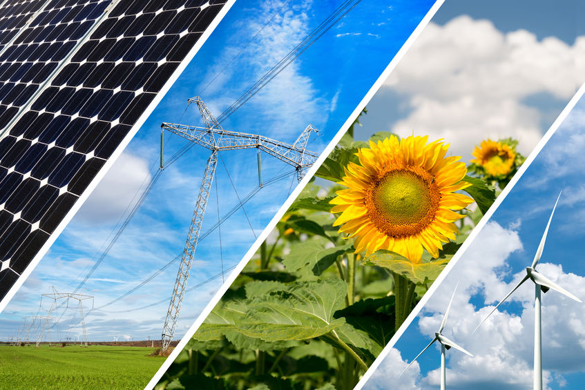 Concept of renewable energy and sustainable resources - photo collage
